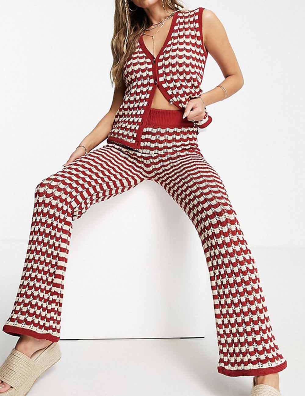 Ladies Color Block Zigzag Pattern Button Crochet Knit Vest & Pants 2PCS Set