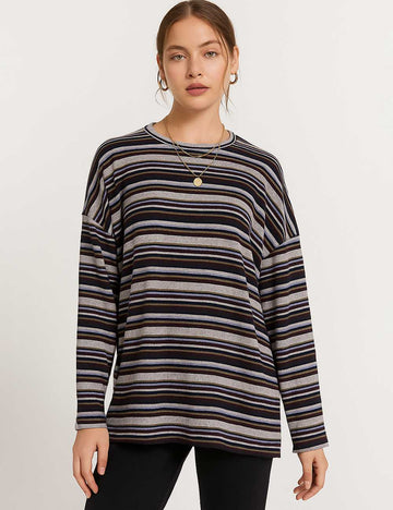 8SKT5K111 Ladies Striped Basic Long Sleeves T-Shirt