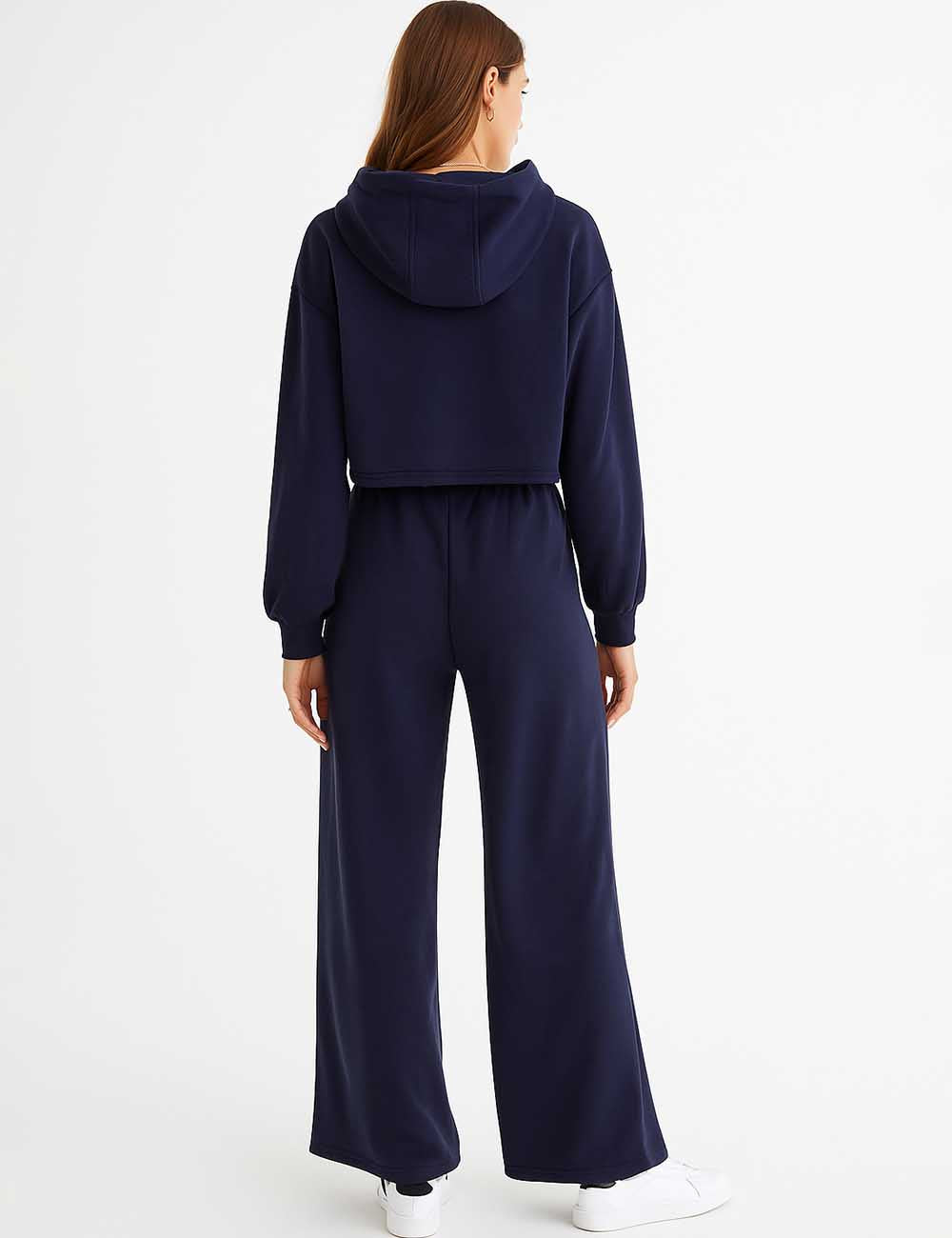 Ladies Hooded Zipper Front Wide Leg Sweatshirt & Pants Set