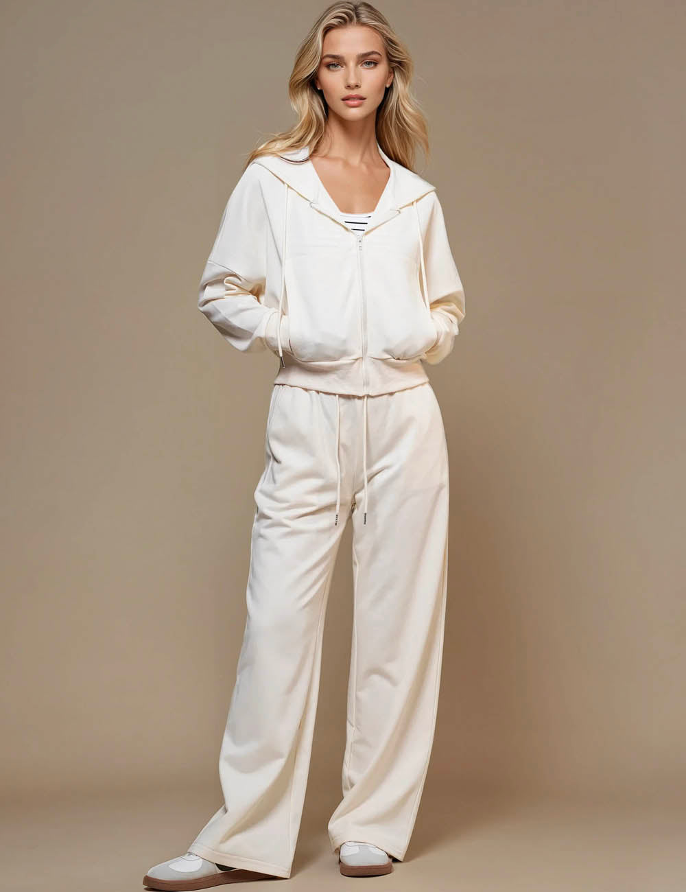 Ladies Solid Color Hoodie Pants 2pcs Loungewear Set SKST50771