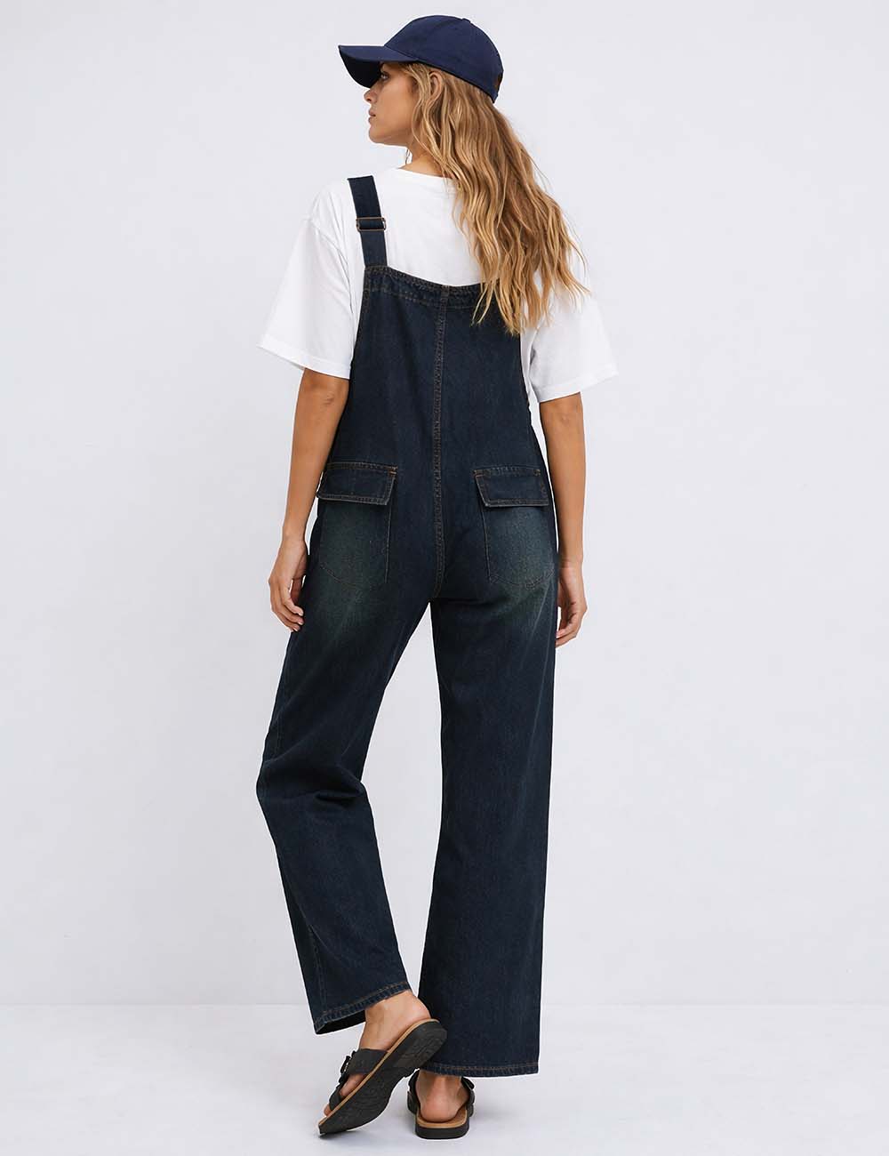Ladies Denim Overall Color Block Pockets Everyday Jumpsuit