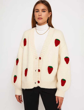 Ladies V-Neck 3D Strawberry Button Up Knit Cardigan