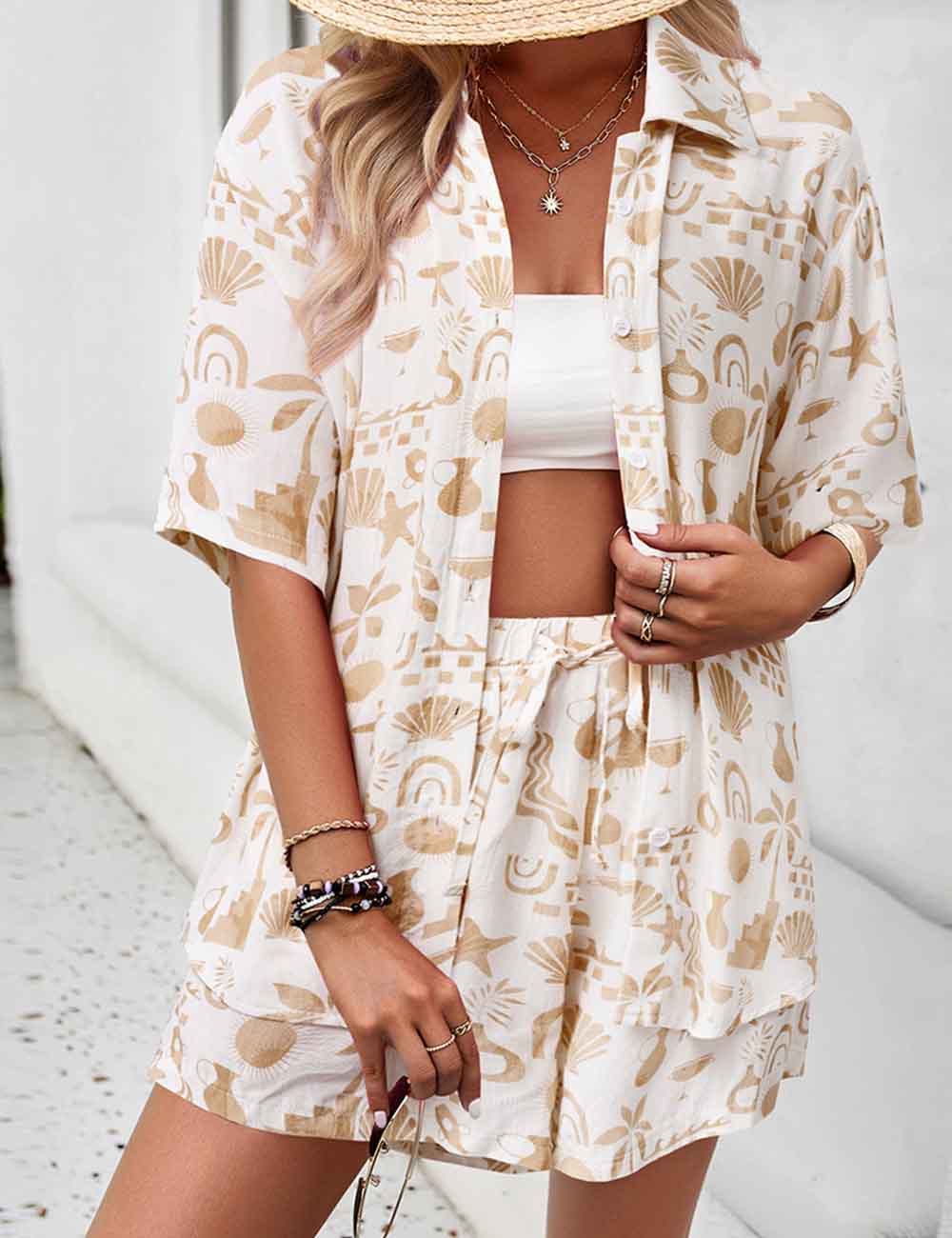 Ladies Boho Print Button Down Shirt & Shorts Set