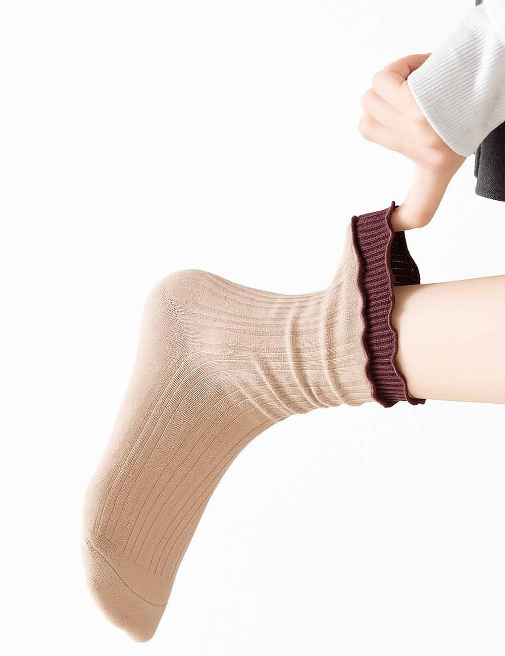 Ladies Cozy Color Block Lettuce Edge Cuff Midi Calf Socks