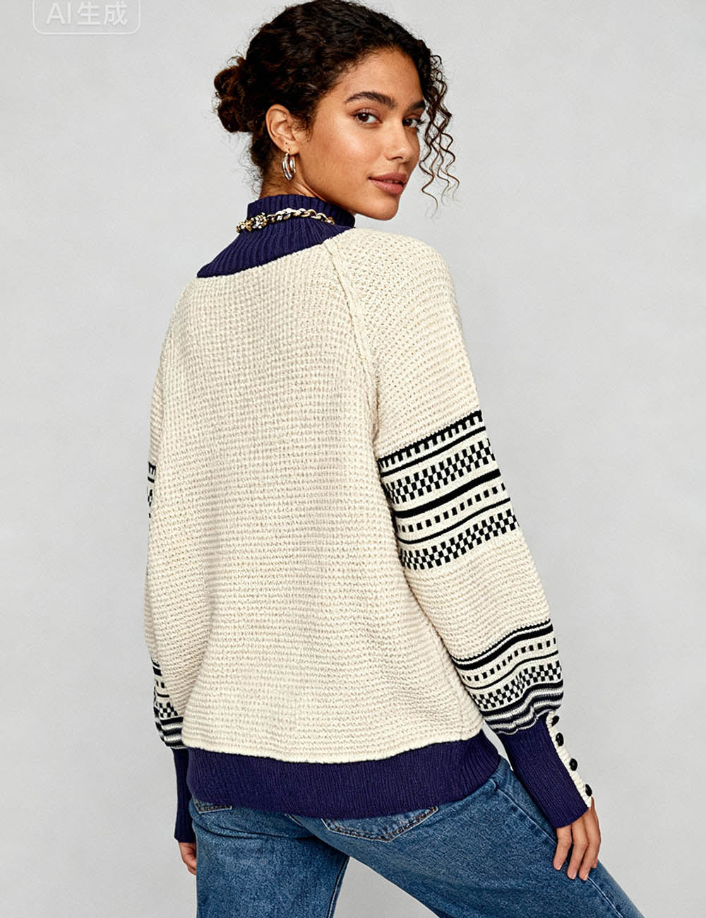 Ladies Jacquard Mock Neck Bubble Sleeves Rib Knit Sweater