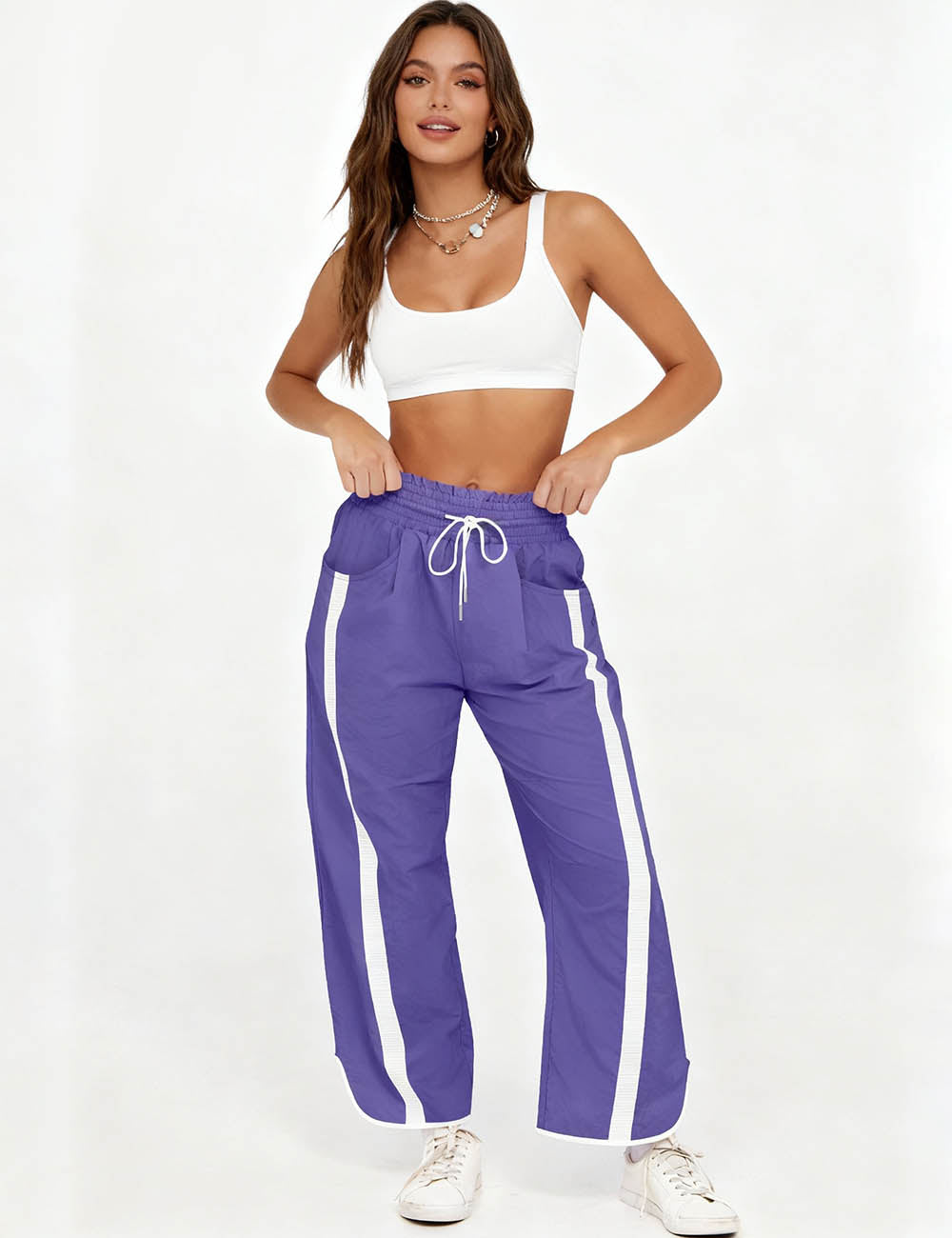 Ladies Color Block Striped Elastic Tie Waist Wide Leg Pants