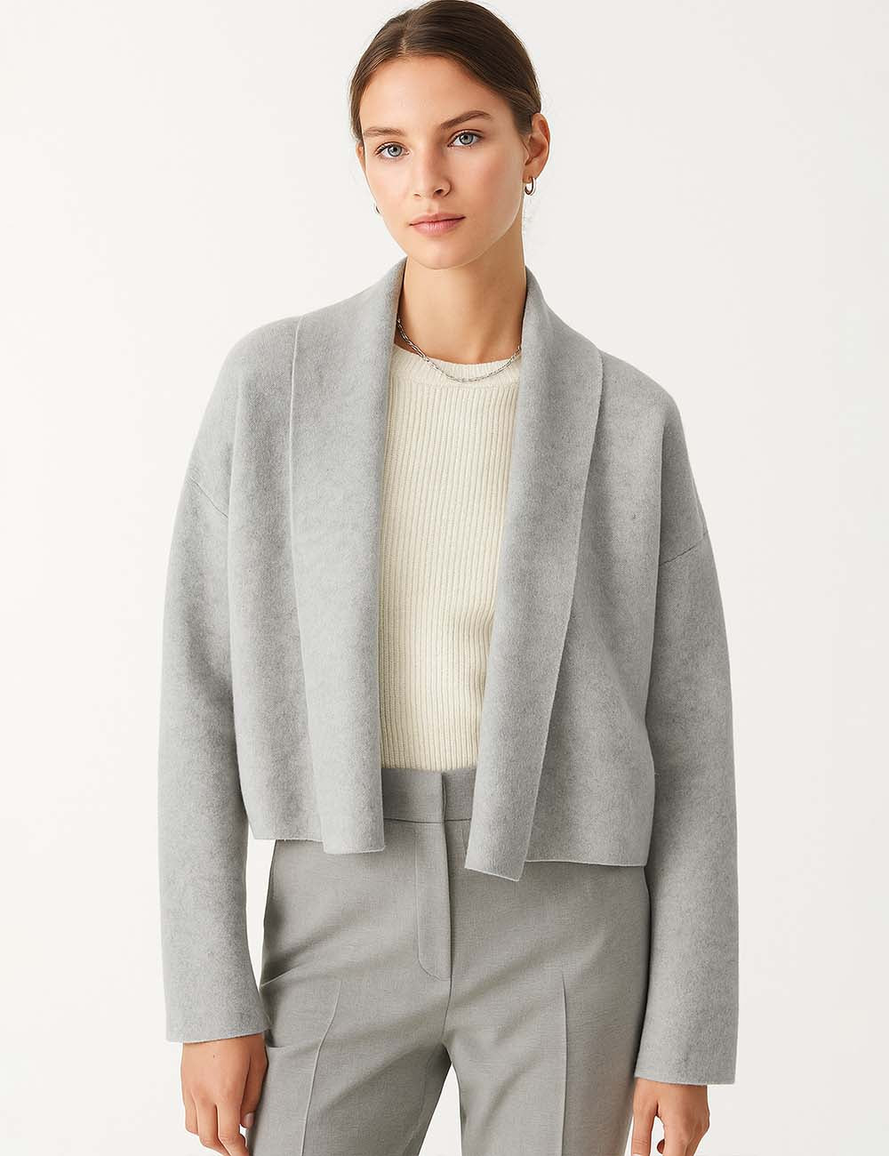 Ladies Solid Color Open Front Cropped Knit Cardigan