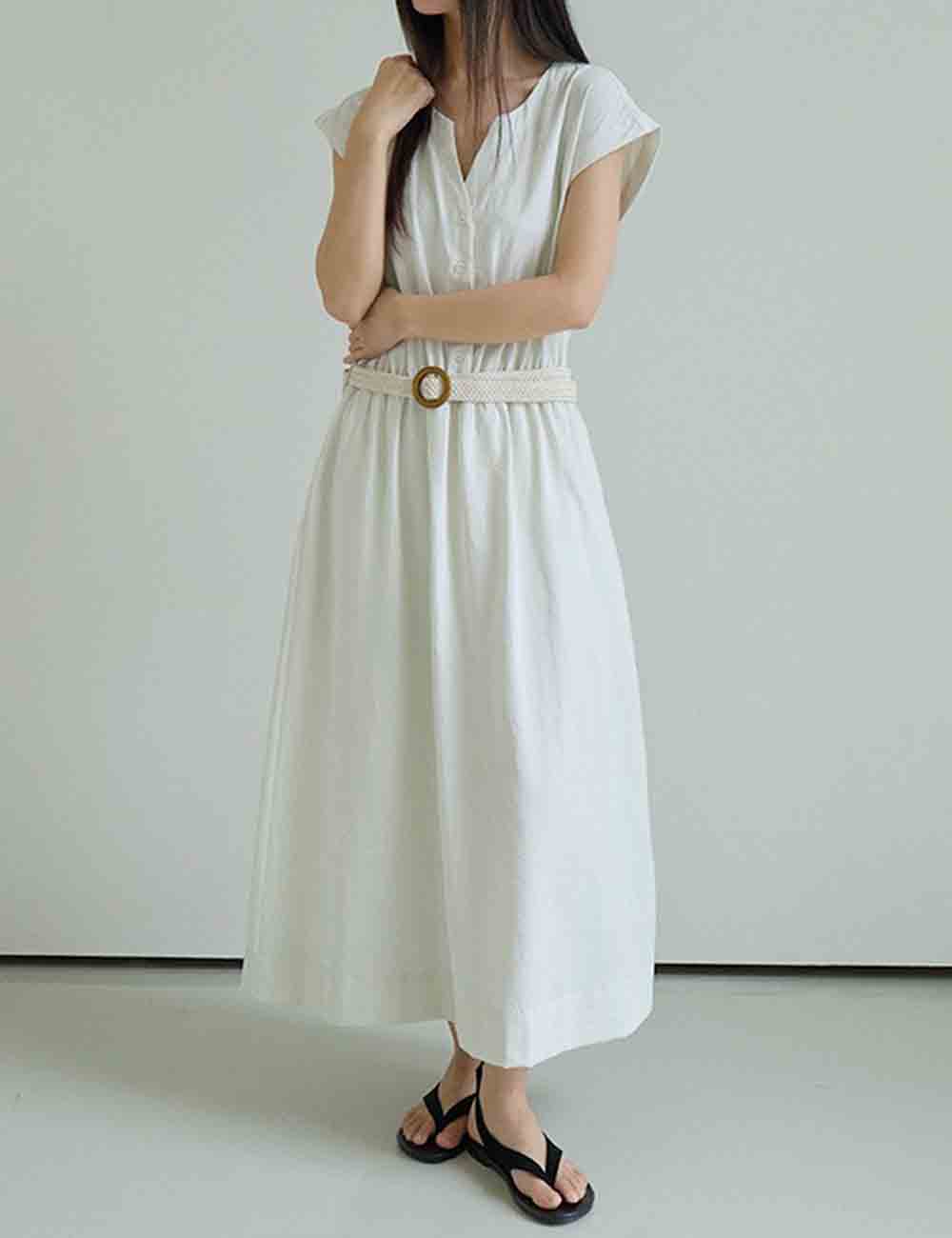 Ladies Solid Color Button Belt Short Sleeves Maxi Dress