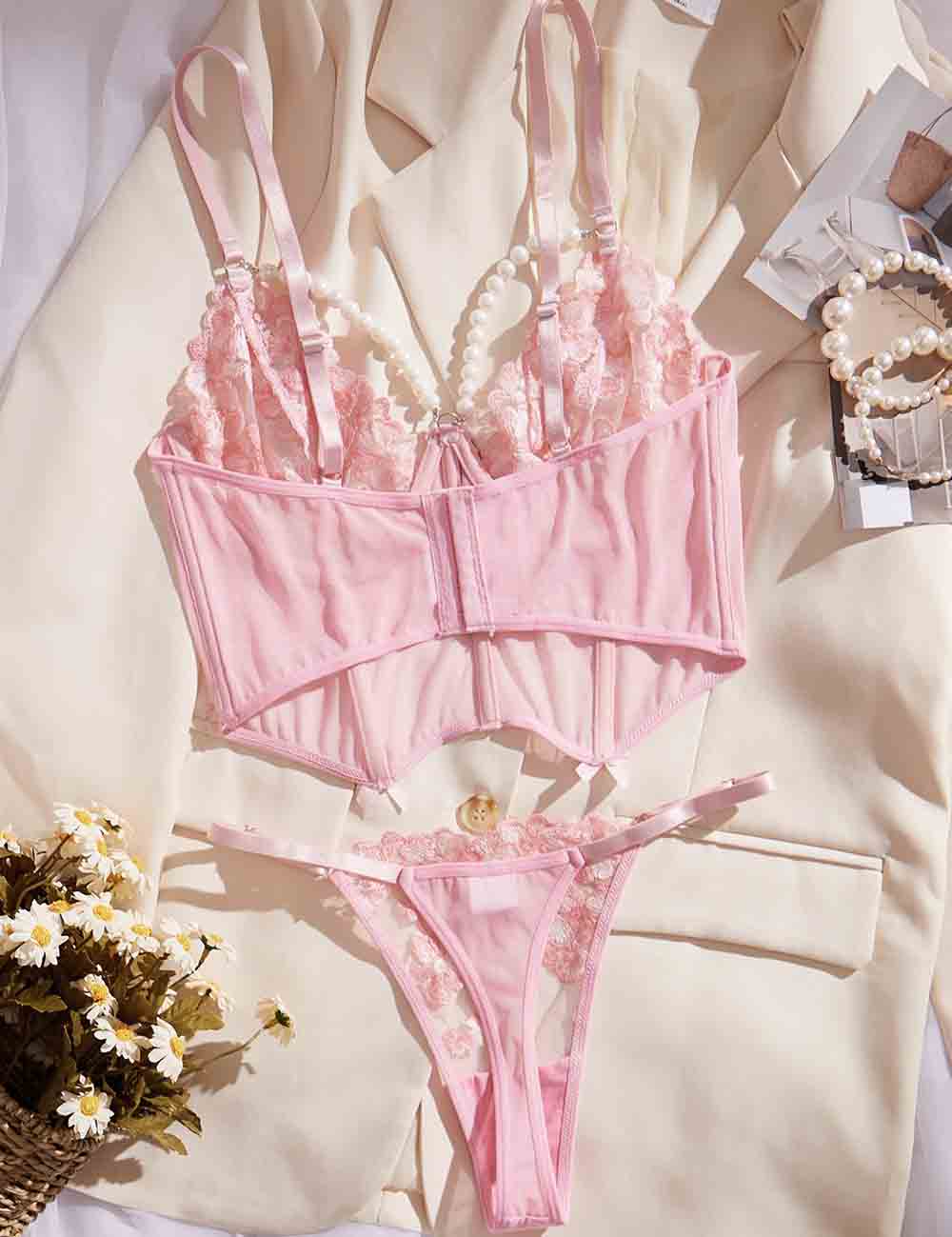 Ladies Floral Embroidery Corset 2PCS Lingerie Set 8HF6092