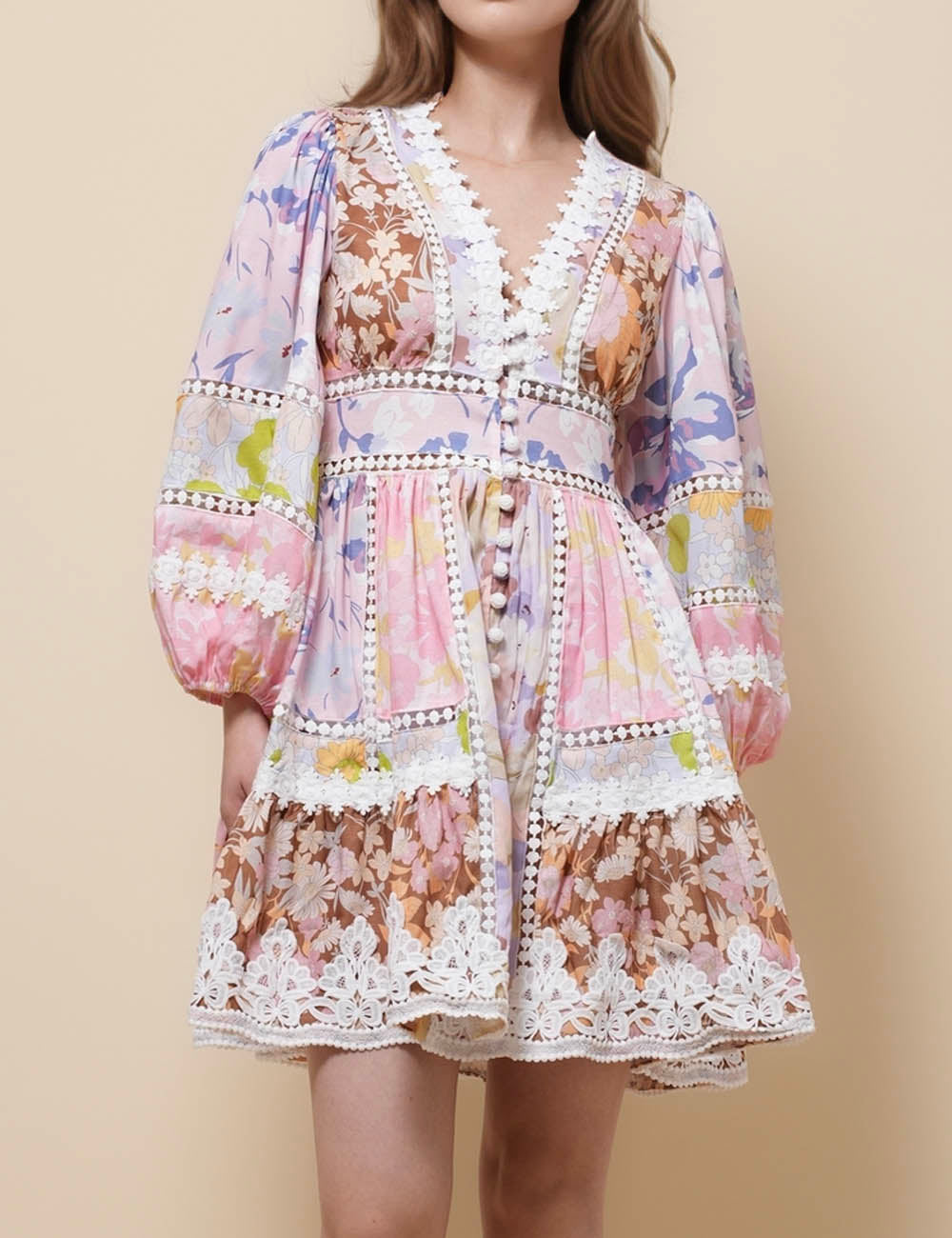 Ladies V-Neck Puff Sleeves Floral Mini Dress SKD51282