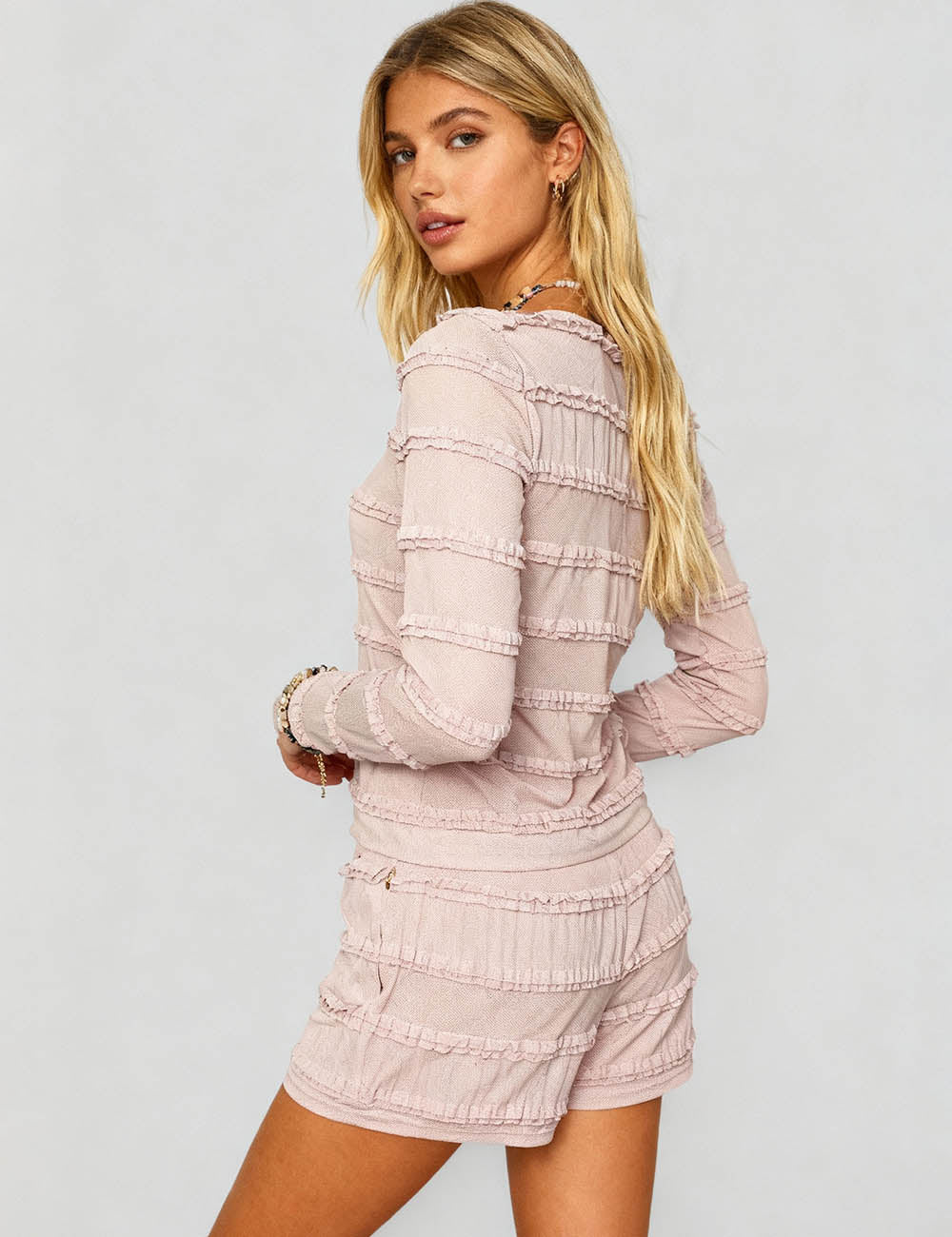 Ladies Sheer Mesh Ruffle Trim Button Front Top & Shorts Set