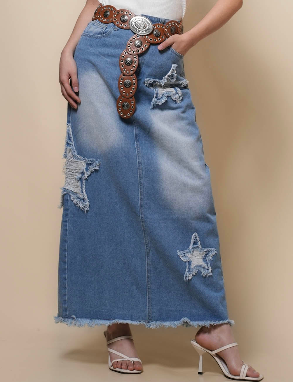 Ladies Back Slit Star Denim Maxi Skirt SKS50113