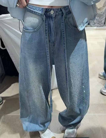 Ladies Fleece Lined Rhinestone Wide Leg Denim Pants