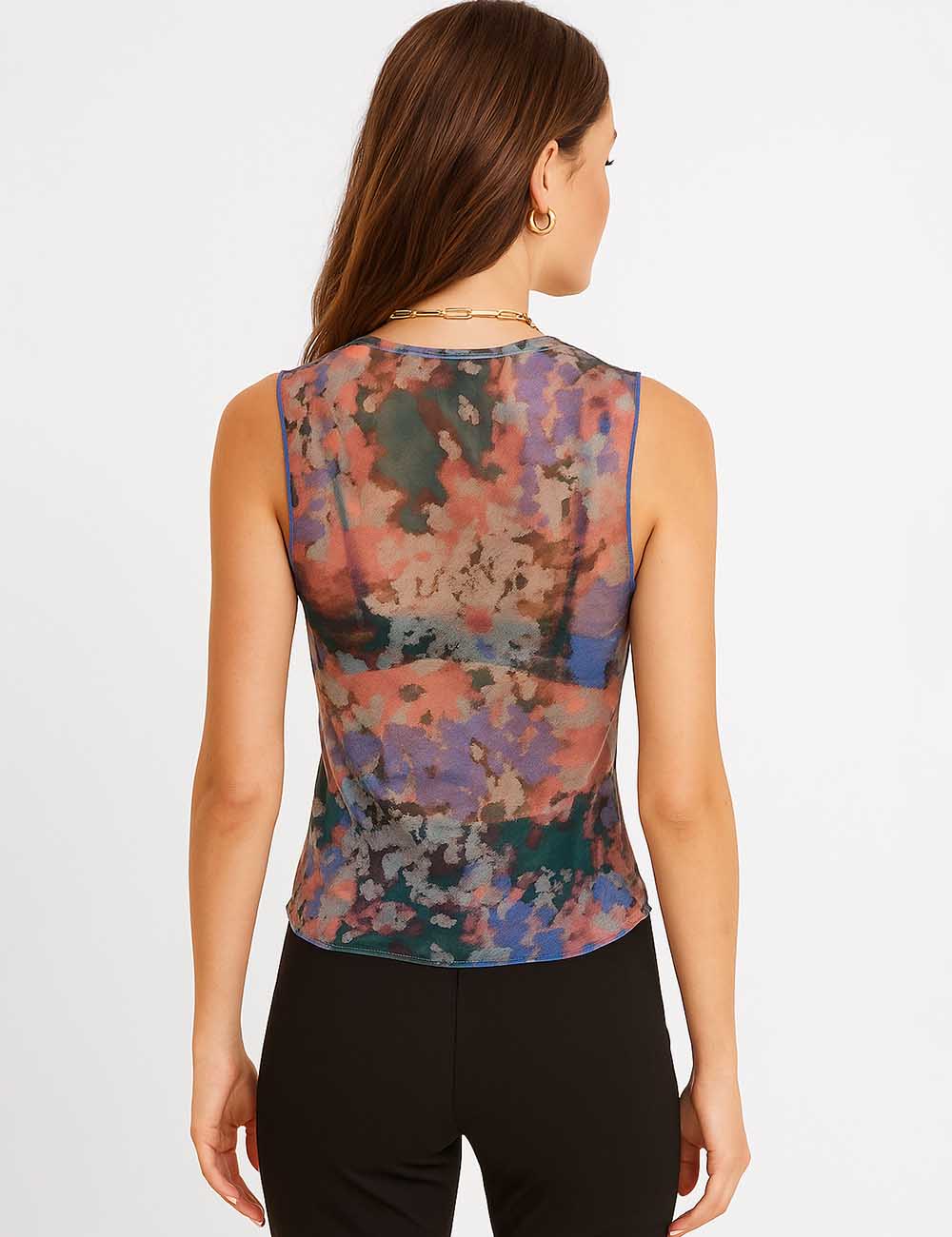 Women Multicolor Inregular See Sheer Mesh Tank Top