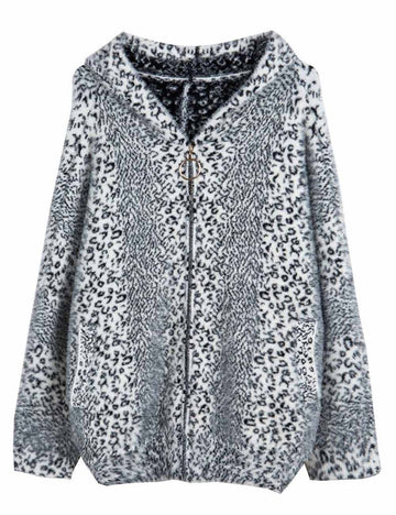 Ladies Color Block Leopard Print Long Sleeves Furry Knit Coat