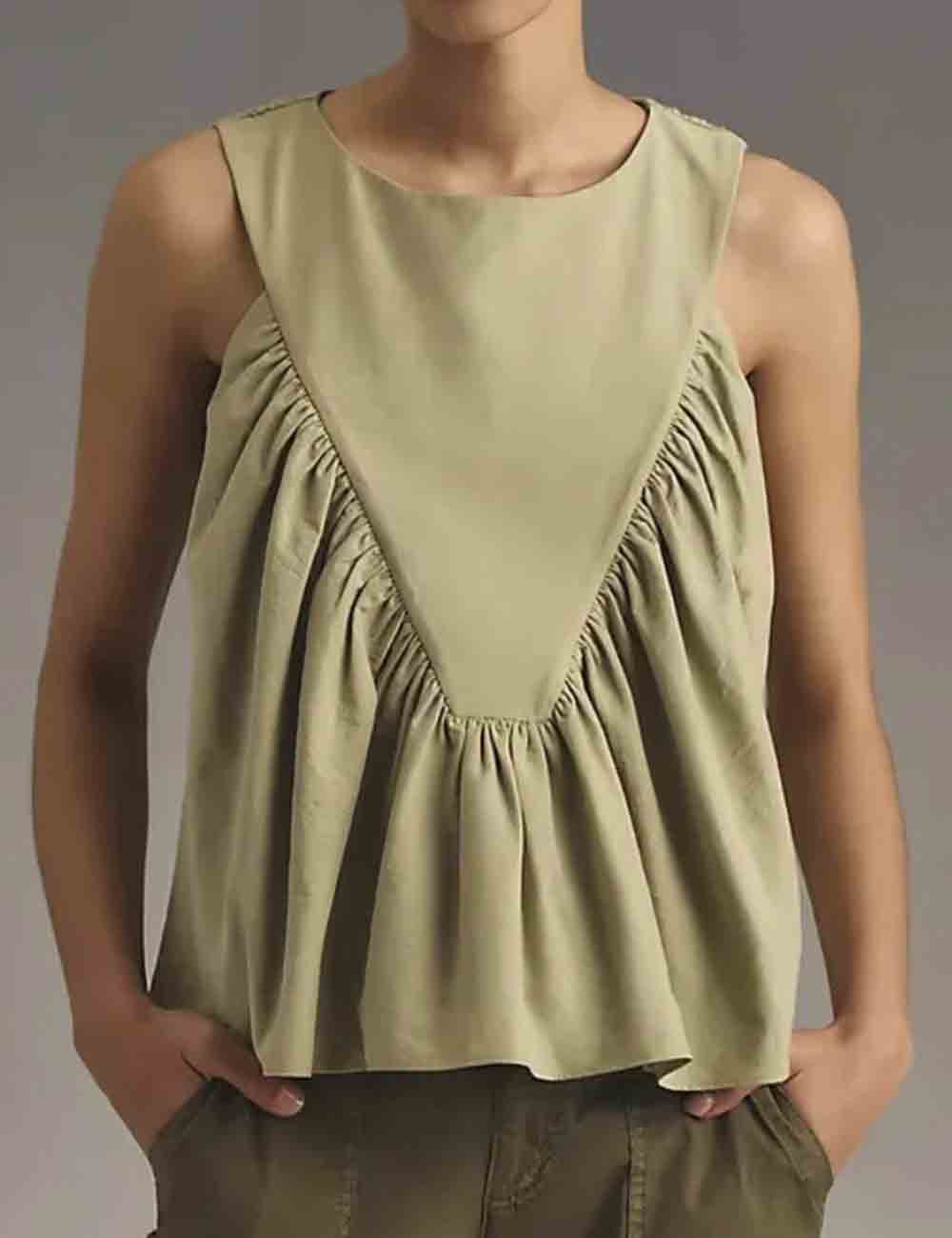 Ladies Solid Color Pullover Shirred Sleeveless Crop Tank Top