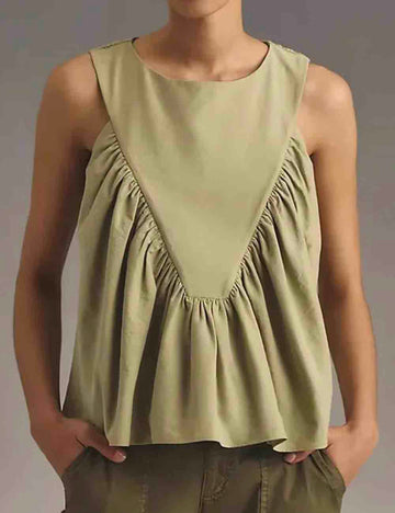 Ladies Solid Color Pullover Shirred Sleeveless Crop Tank Top