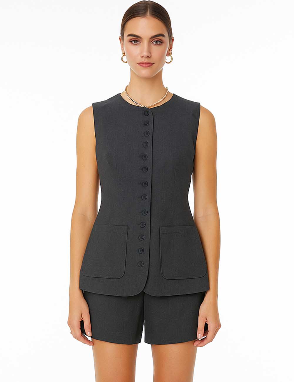 Ladies Round Neck Button Front Sleeveless Suit Vest