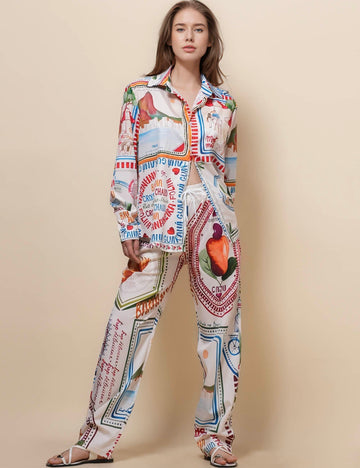 Ladies Turndown Collar Print Shirt Top 2PCS Set SKST50345