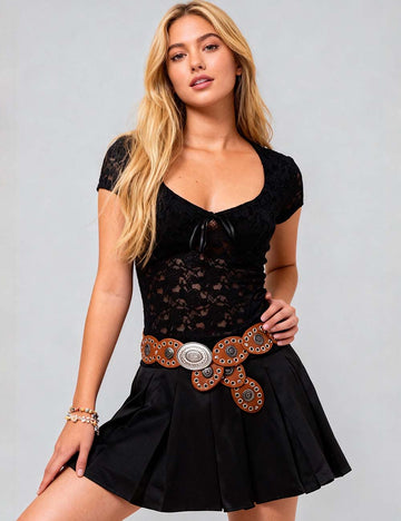 Ladies V-Neck Short Sleeves Hollow Out Crop Top SKT51084