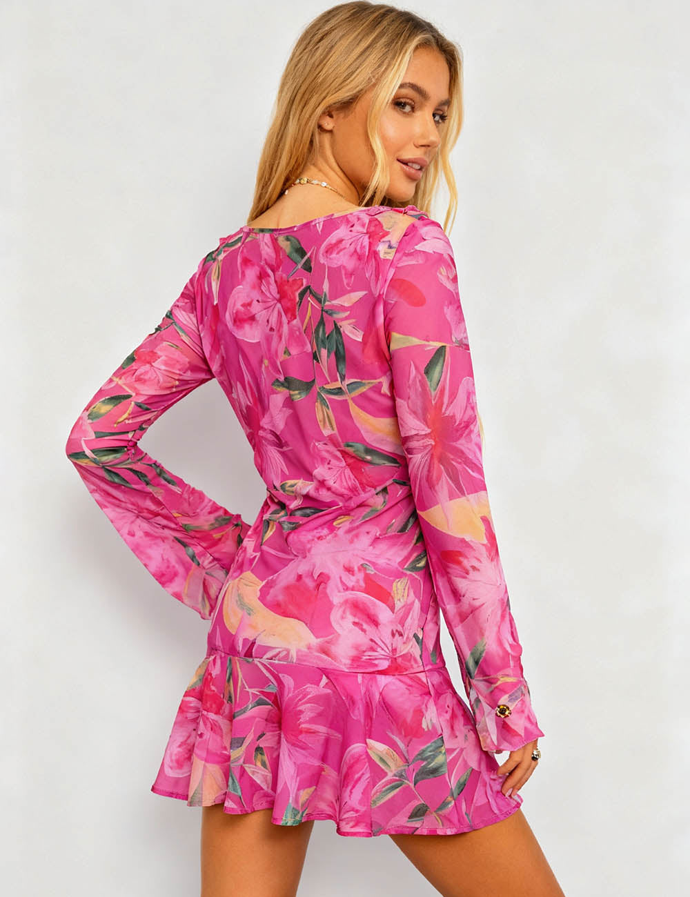 Ladies Floral Chiffion Scoop Neck Ruffle Lace-Up Mini Dress