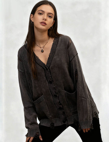 Ladies V-neck Washed Distressed Buttons Pocket Cardigan SKT4714