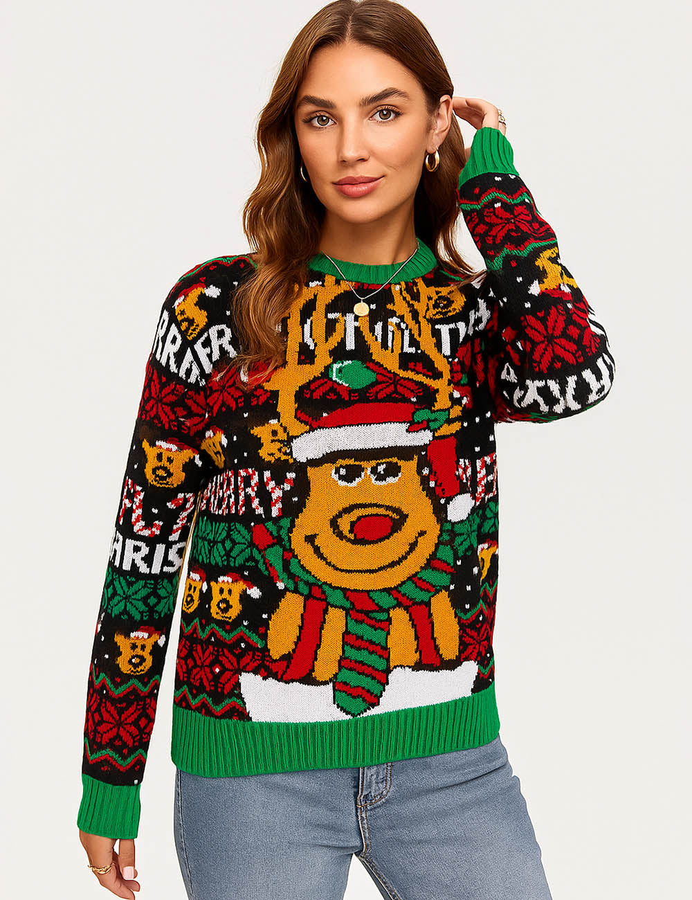 Ladies Christmas 2025 Reindeer Round Neck Holiday Sweater