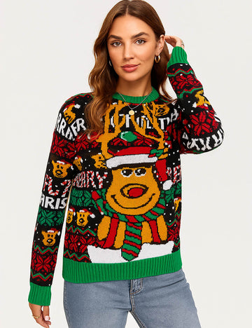 Ladies Christmas 2025 Reindeer Round Neck Holiday Sweater