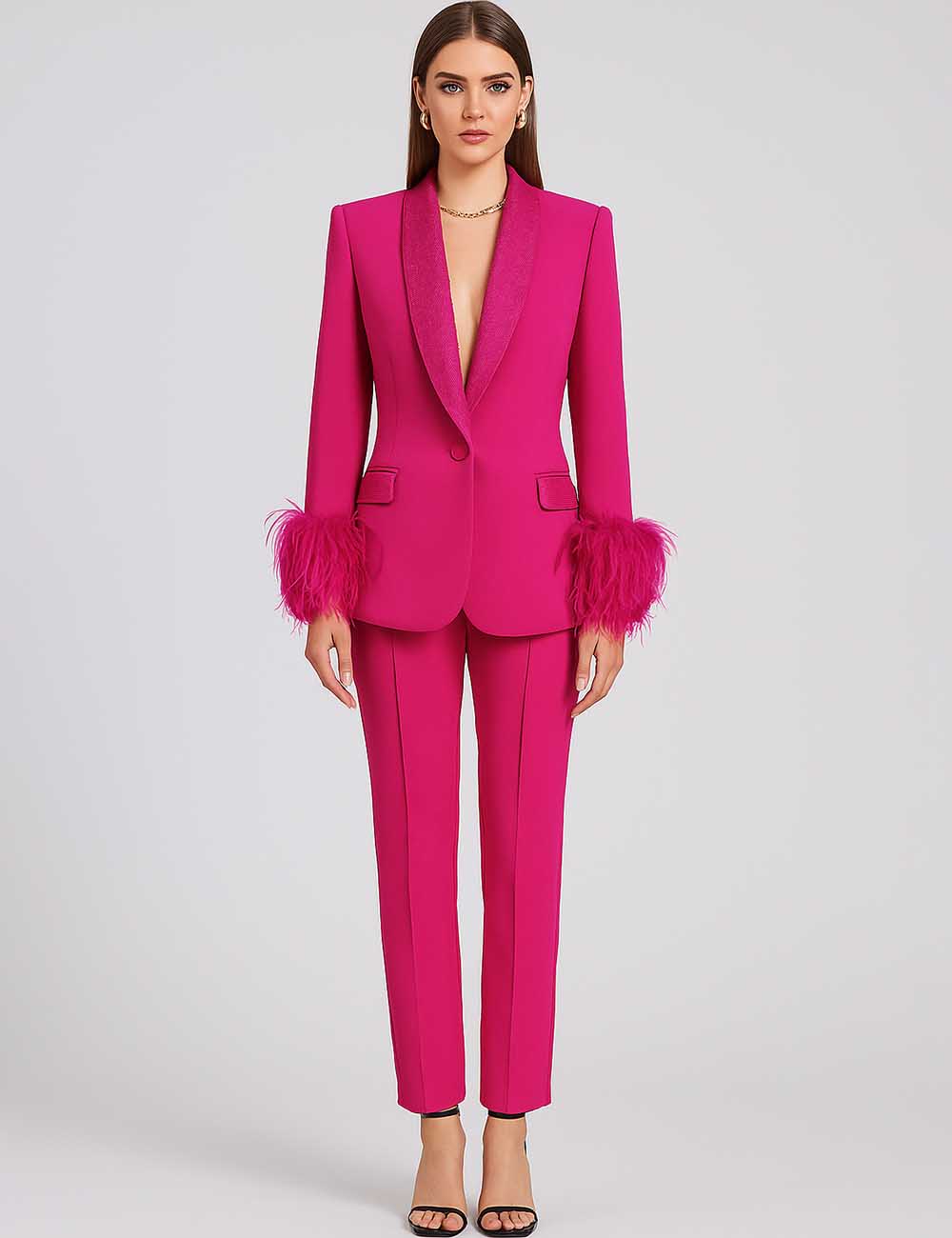 Ladies Solid Color Rhinestone Ostrich Fringe Blazer & Pants Suit
