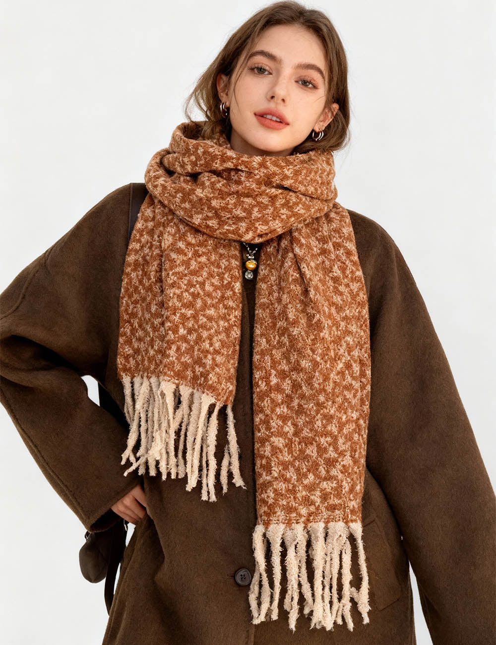 Ladies Vintage Floral Jacquard Fringe Oblong Knit Scarf