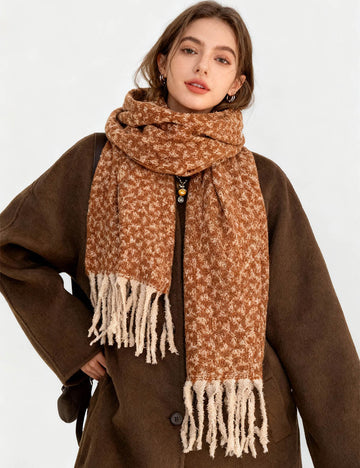 Ladies Vintage Floral Jacquard Fringe Oblong Knit Scarf