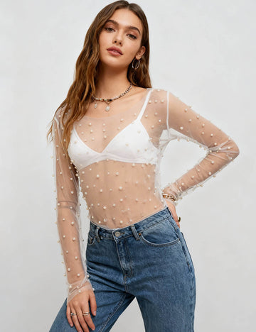 Sparkle Pearl Studded Sheer Mesh See Through Top SKT21069