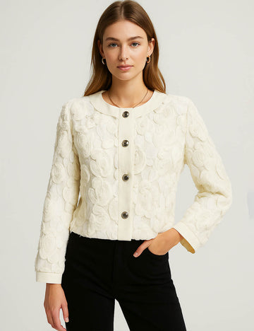 Ladies Solid Color 3D Floral Embroidery Button Down Jacket