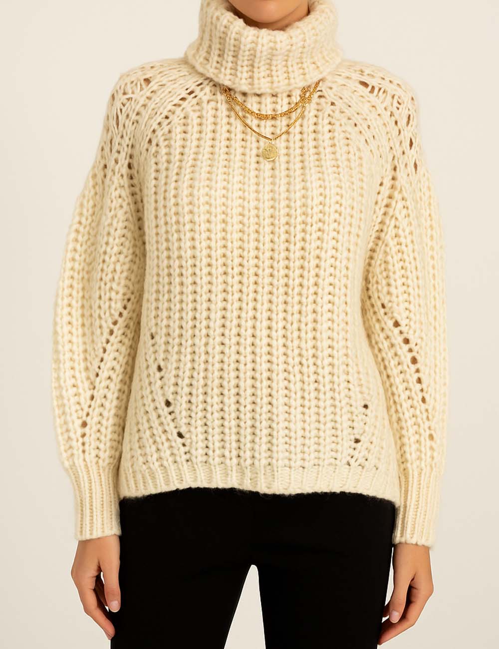 Ladies Chunky Knit Turtle Neck Eyelet Long Sleeves Sweater