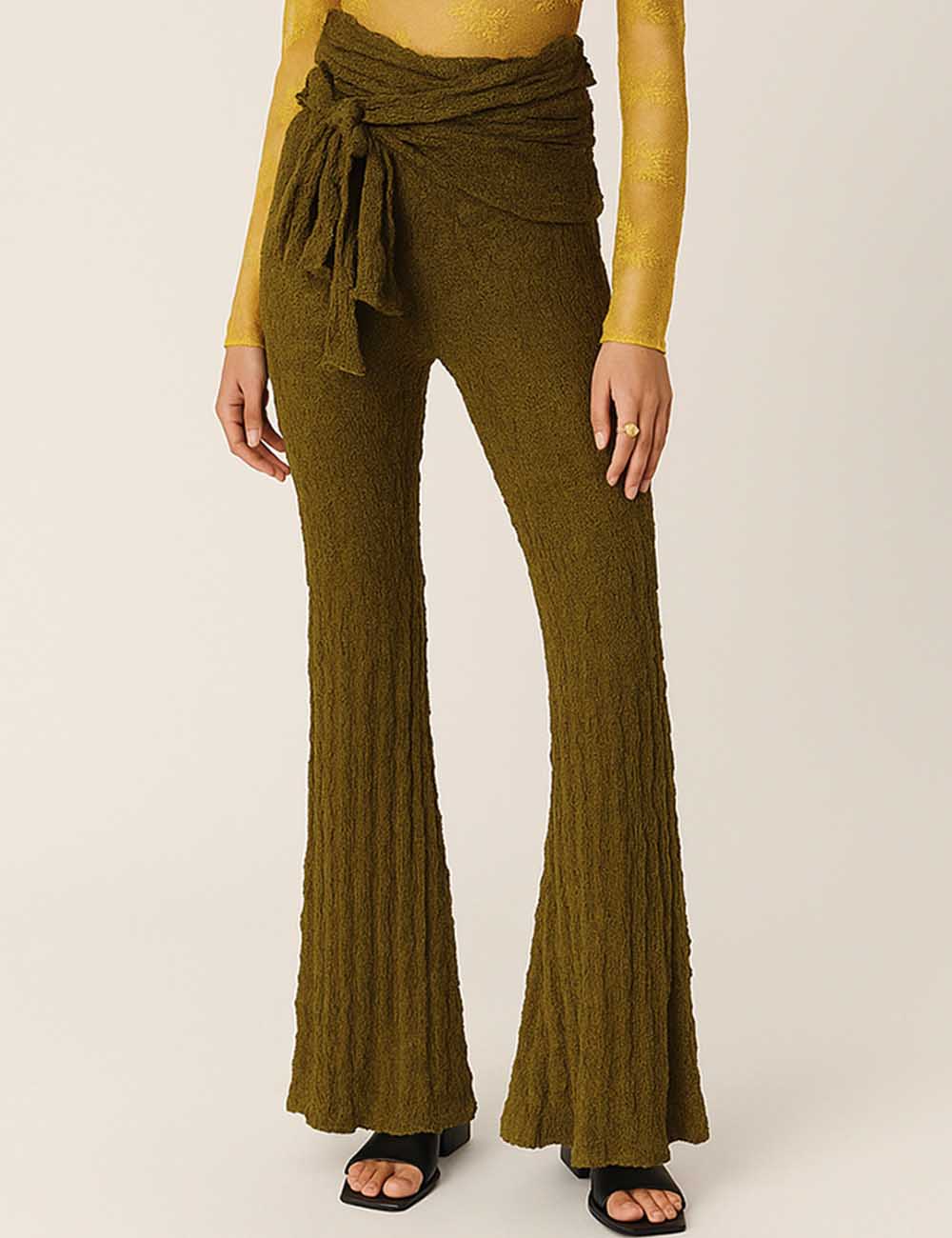 Ladies Lace Elastic Waist Front Draping Ruffle Strap Bell Pants