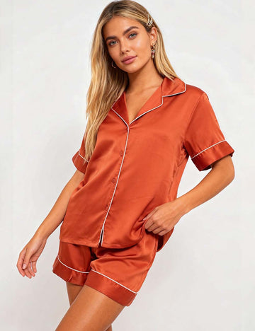 Ladies Satin Button Short Sleeves Top & Shorts Loungewear Set