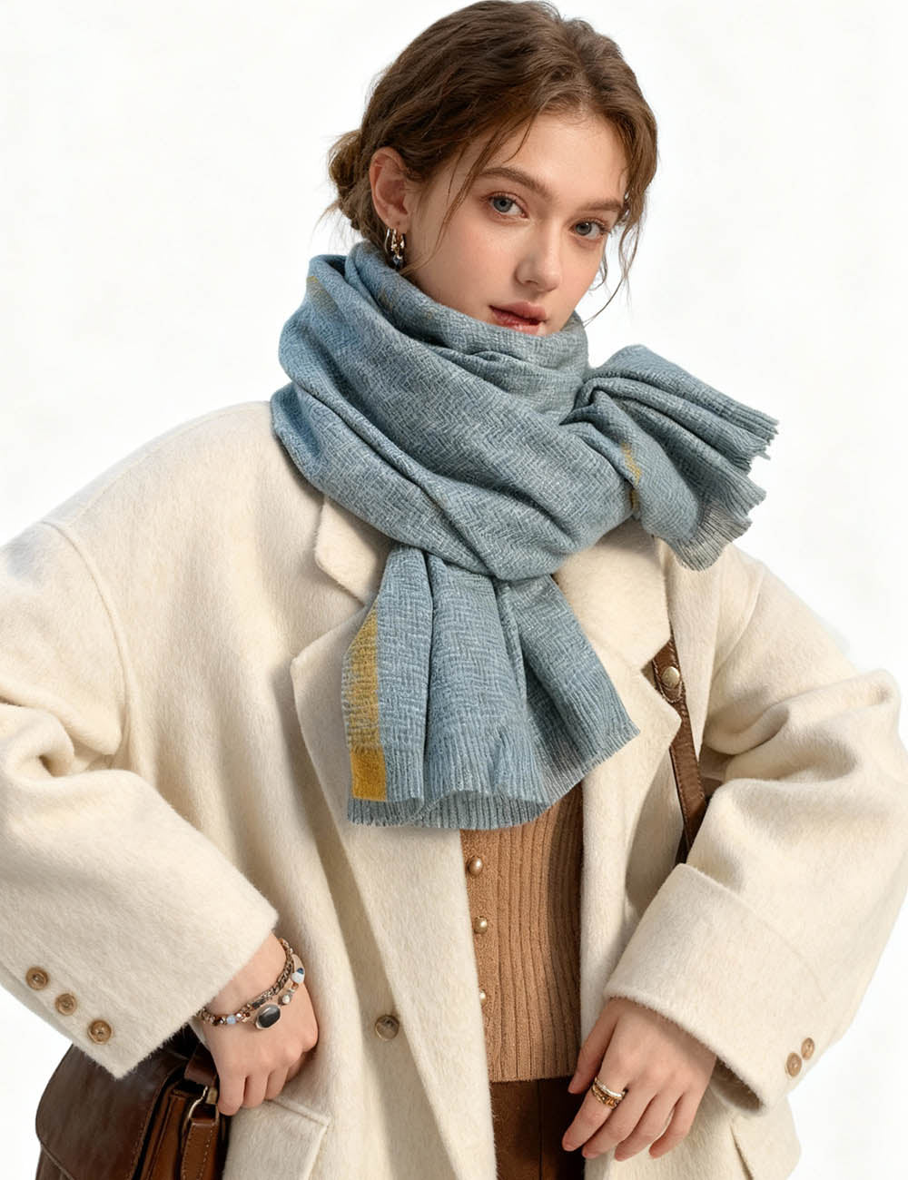 Ladies Simple Color Block Tassel Knit Scarf