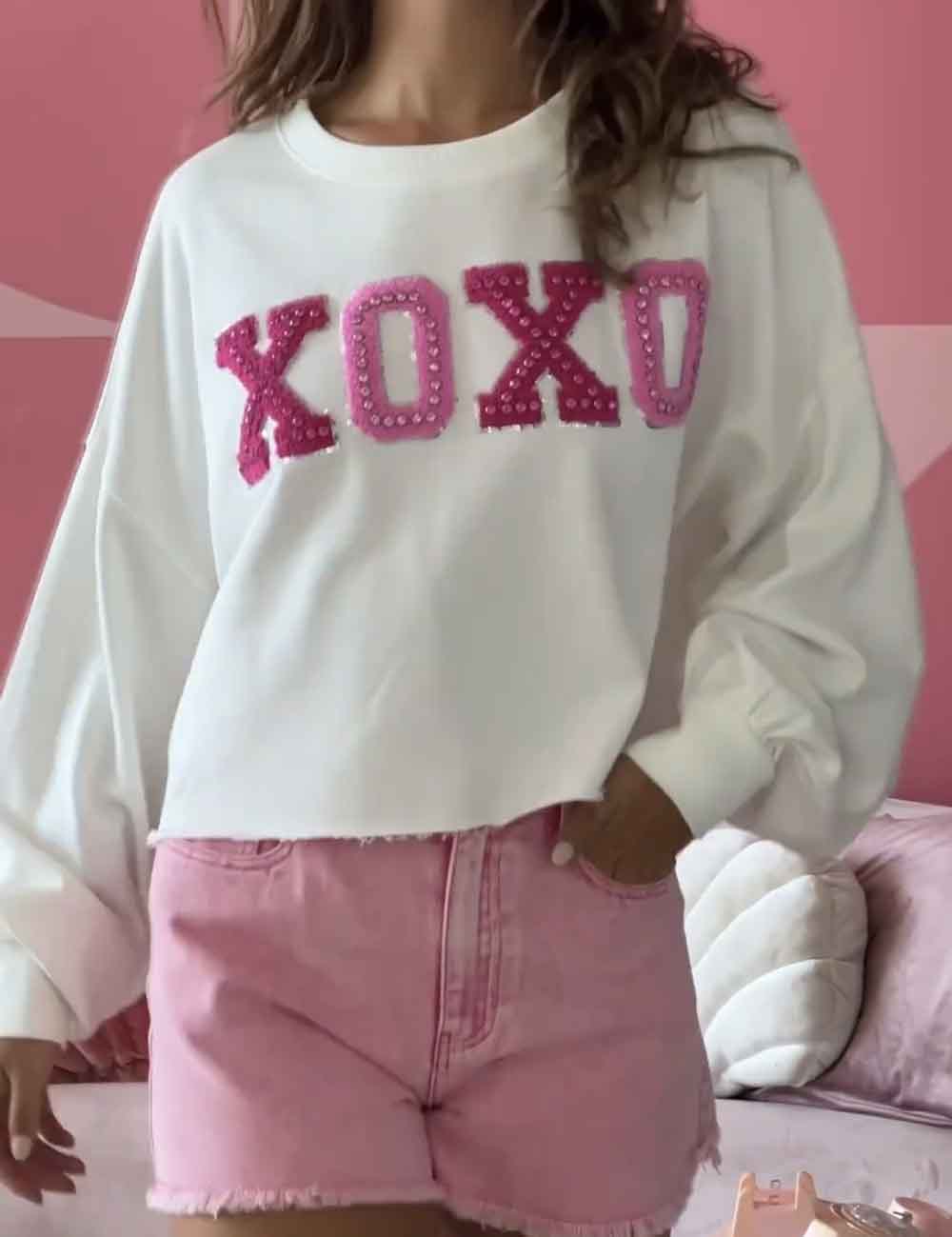 Ladies Round Collar Long Sleeves XOXO Pullover Sweatshirt