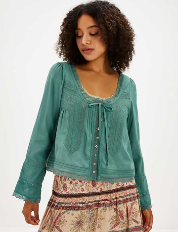 Ladies U-Neck Lace Splice Button Up Long Sleeves Blouse