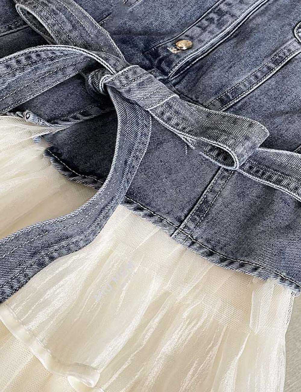 Ladies Turndown Collar Short Sleeves Denim Mesh Midi Dress