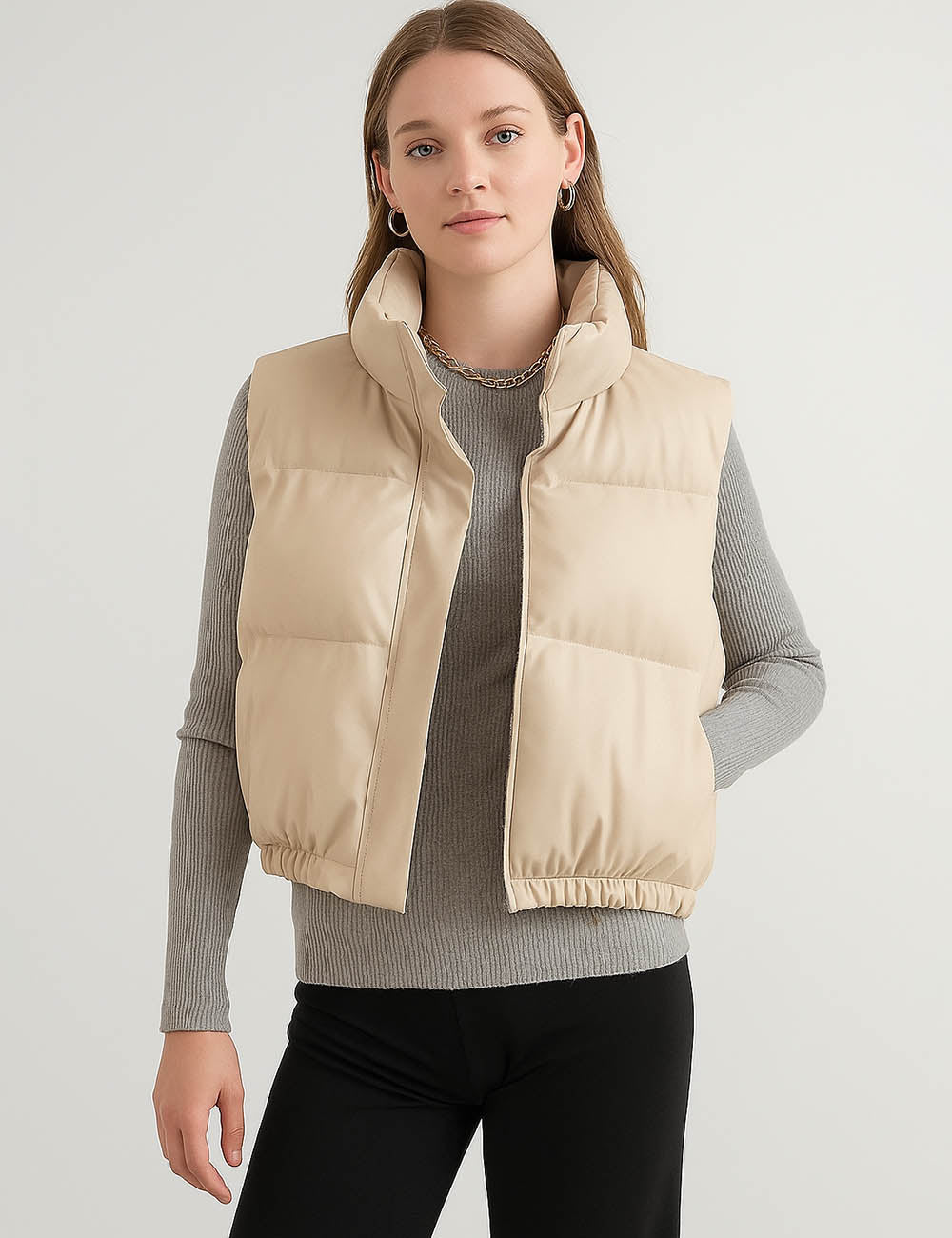 Ladies PU Leather Sleeveless Jacket Stand Collar Padded Vest