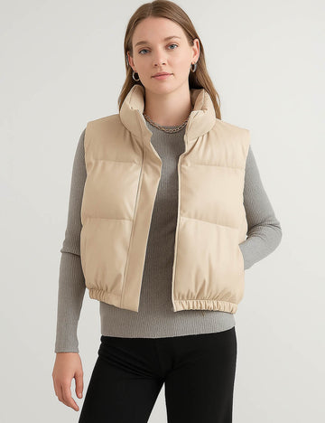 Ladies PU Leather Sleeveless Jacket Stand Collar Padded Vest