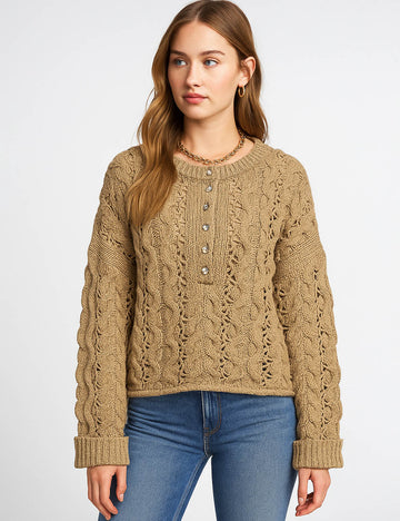 Ladies Cable Knit Hollow Out Button Front Sweater Top