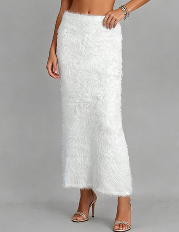Ladies Solid Color Elastic Waist Faux Fur Fuzzy Maxi Skirt