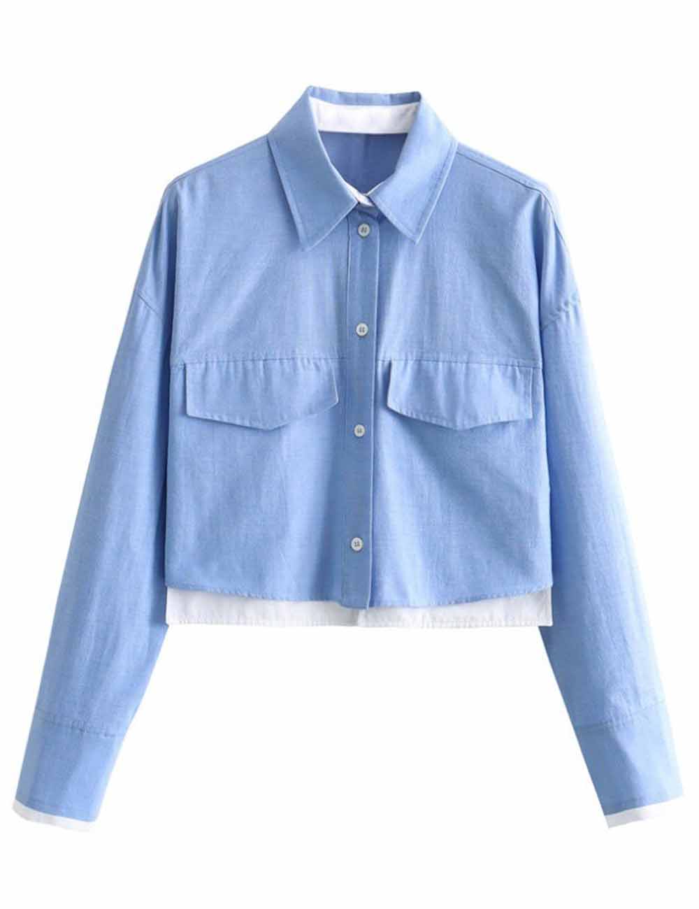 Ladies Color Block Turndown Collar Long Sleeves Crop Shirt