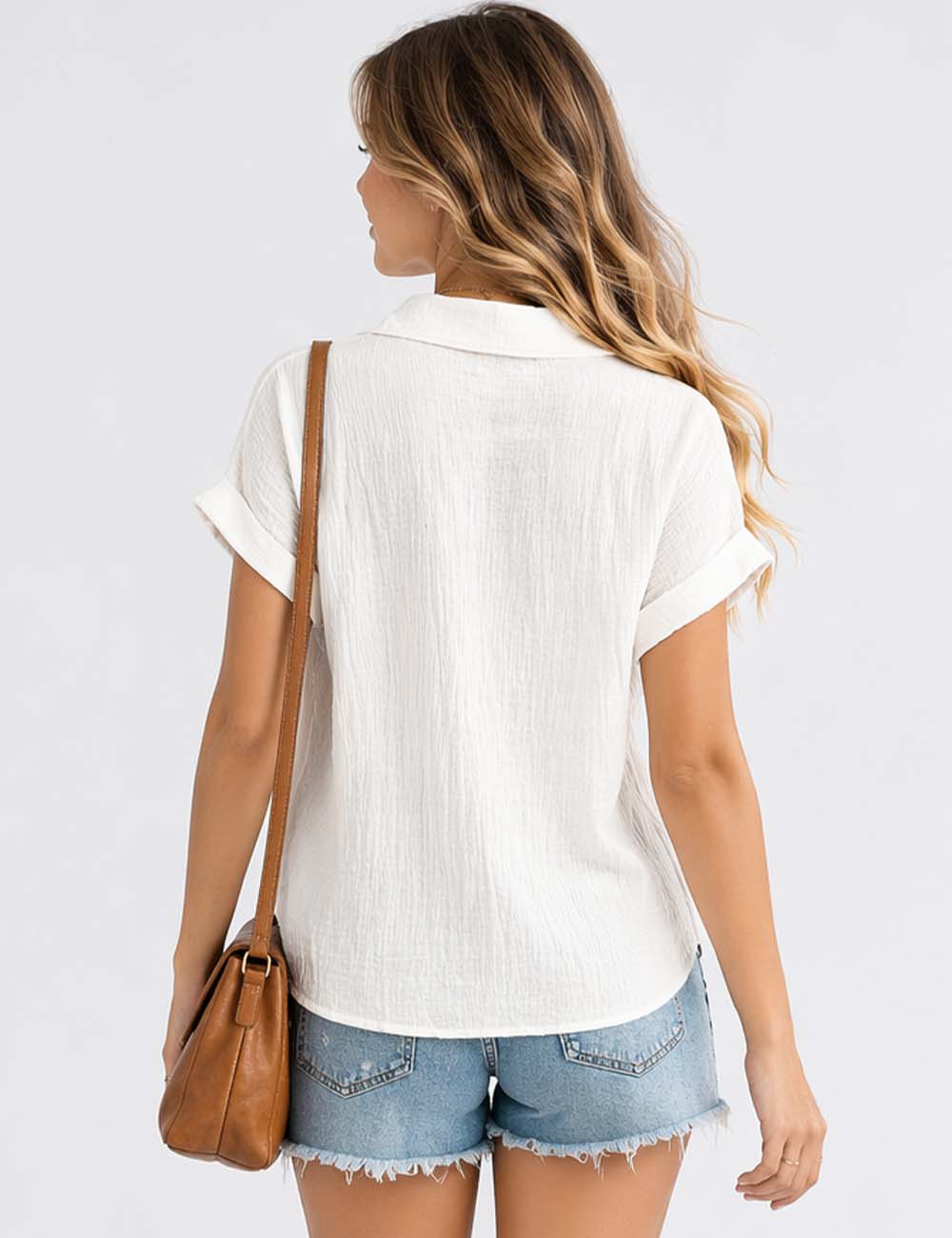 Ladies Embroidery Shirt Collar Button Down Short Sleeves Blouse