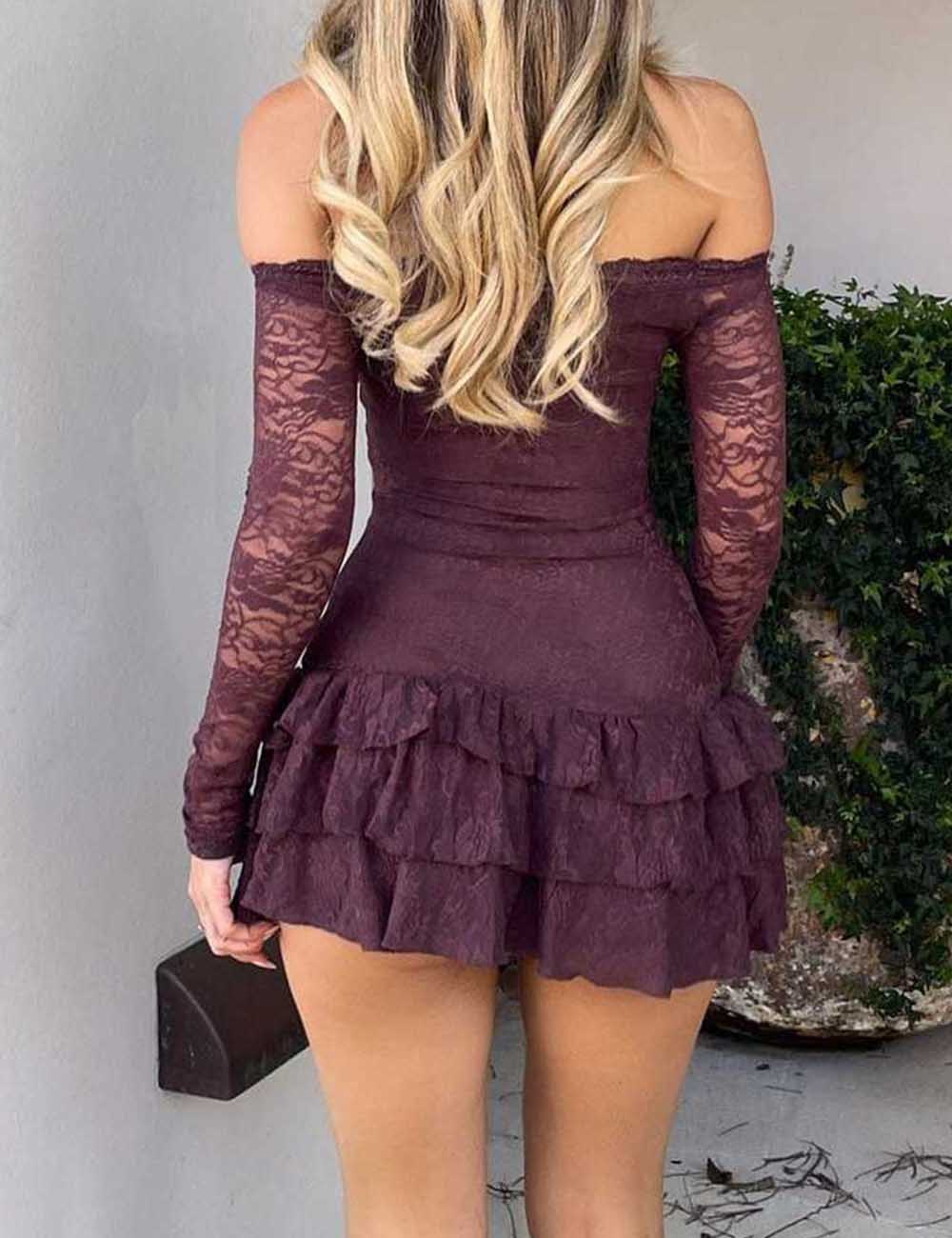 Ladies Tiered Lace Ruffle Long Sleeves Off-Shoulder Mini Dress