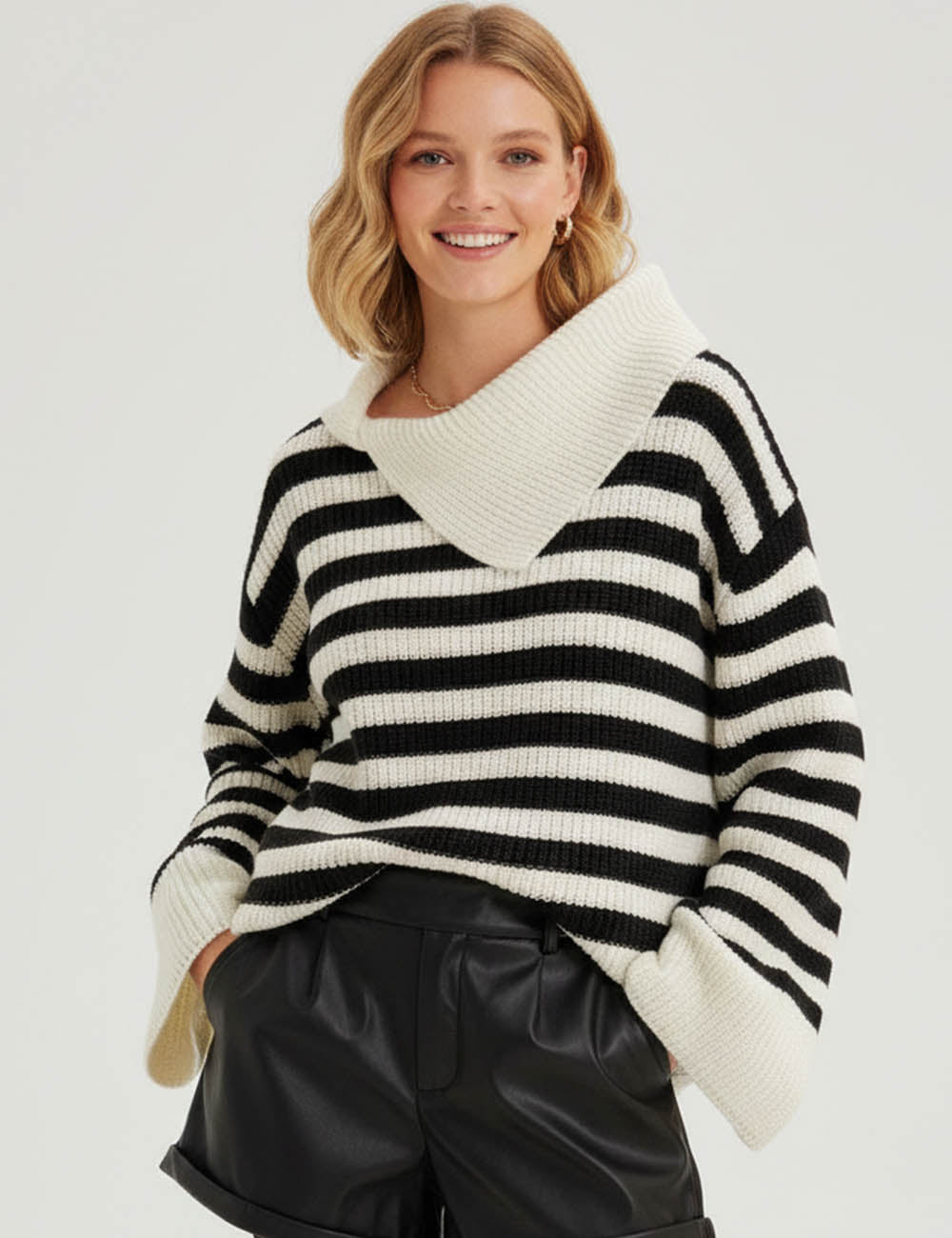 Ladies Striped Knit Irregular Lapel Flared Sleeves Pullover Sweater