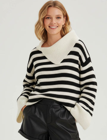 Ladies Striped Knit Irregular Lapel Flared Sleeves Pullover Sweater