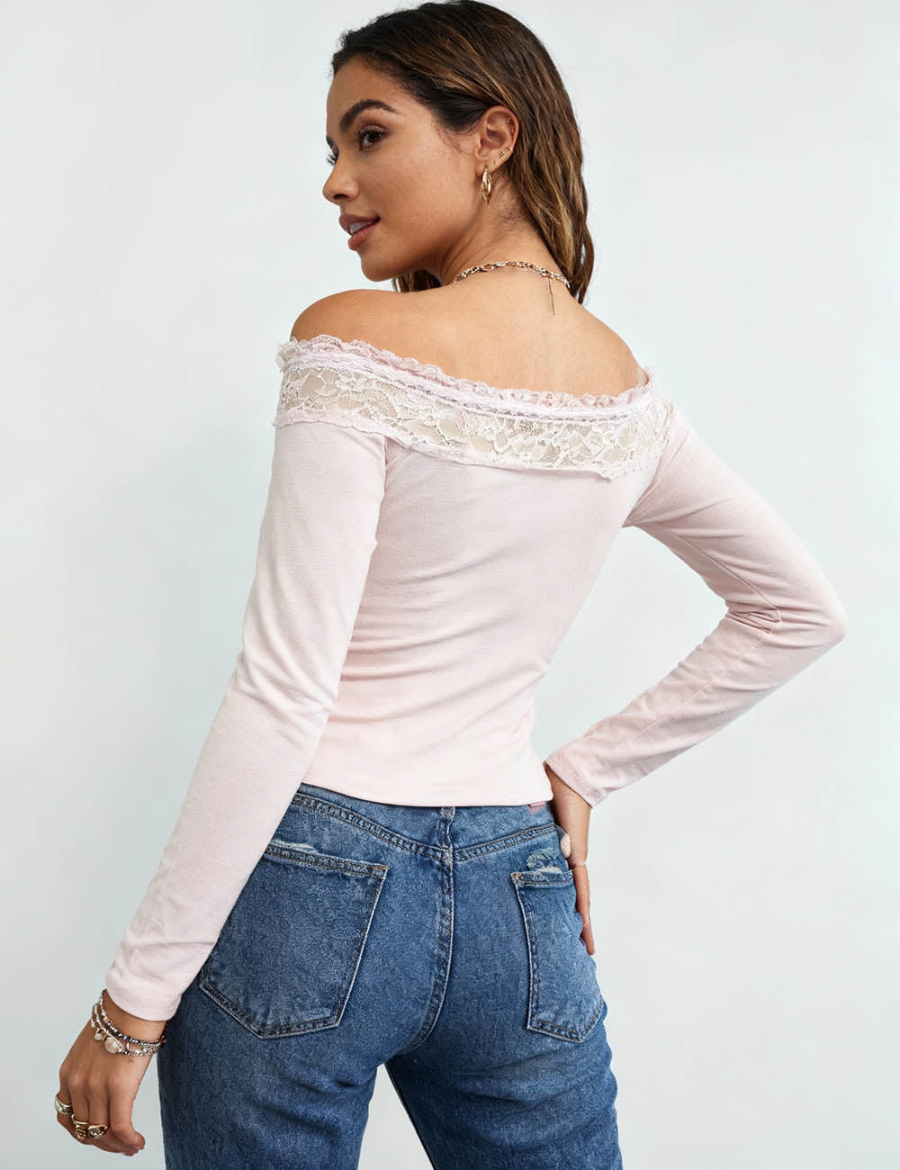Ladies Lace Trim Off-Shoulder Bow Tie Stretch Top